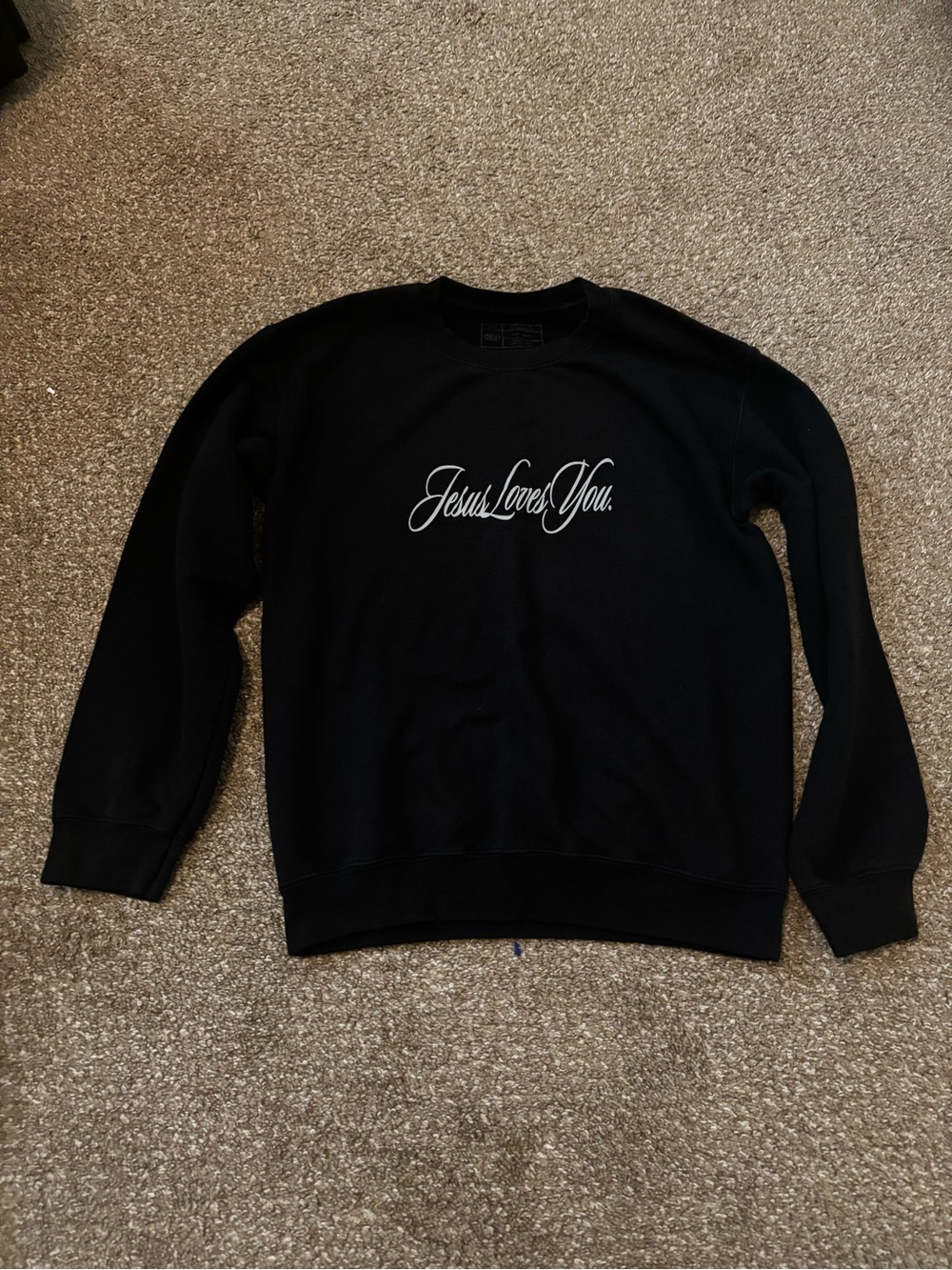 Men's Black Crewneck Sweatshirt with 'Jesus Loves You' Script